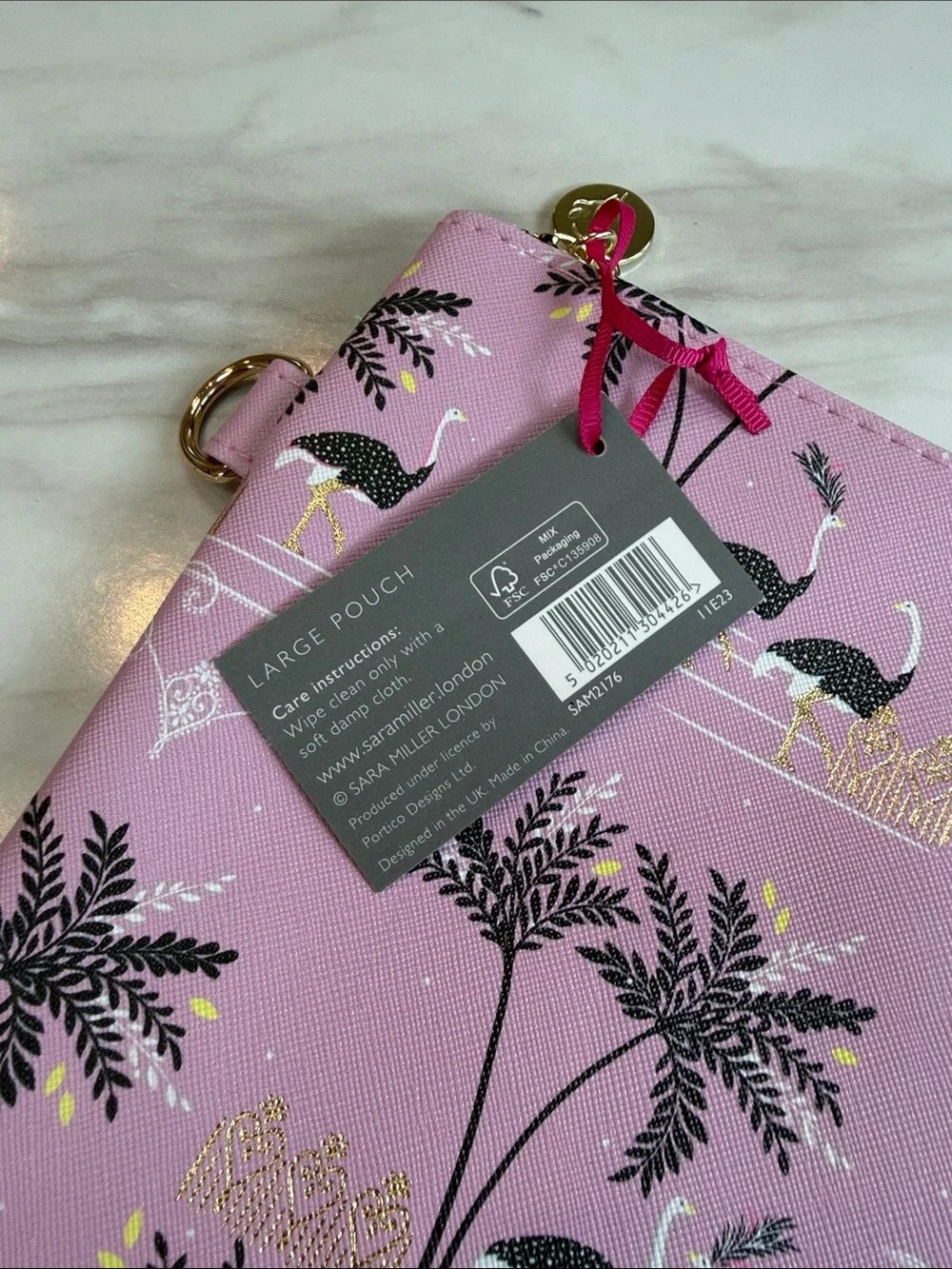 NWT Sara Miller Ostrich & Palms pink & gold large zipper pouch- preppy beach